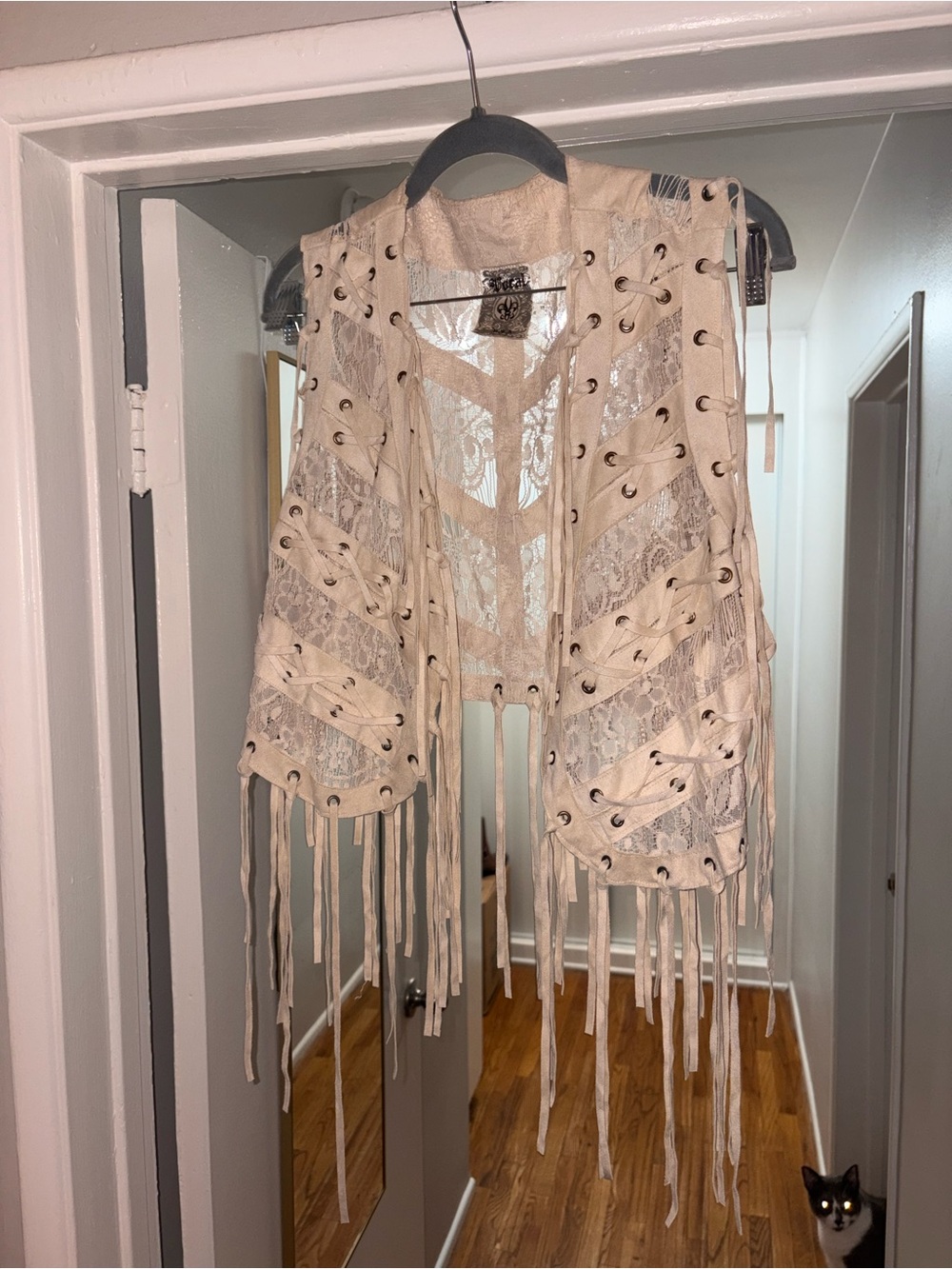Fringed Lace & Suede Vest in Cream